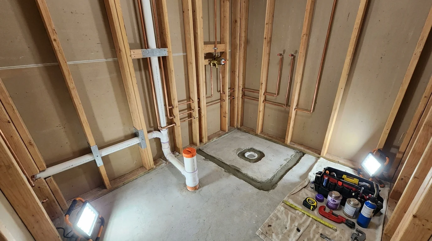 Bathroom rough-in plumbing during remodel by Johns Plumbing LLC in La Vernia