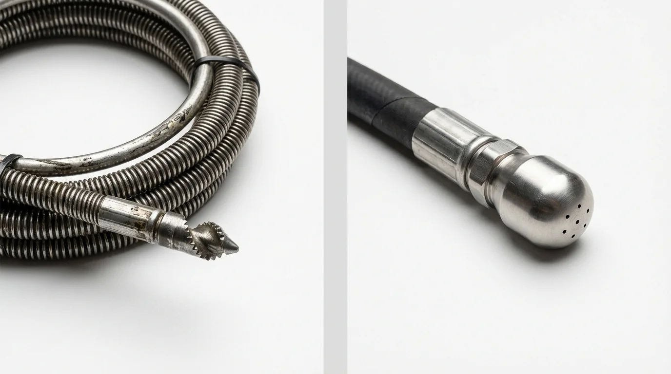 Drain snake cable and hydro jetting nozzle used for drain cleaning in La Vernia, TX