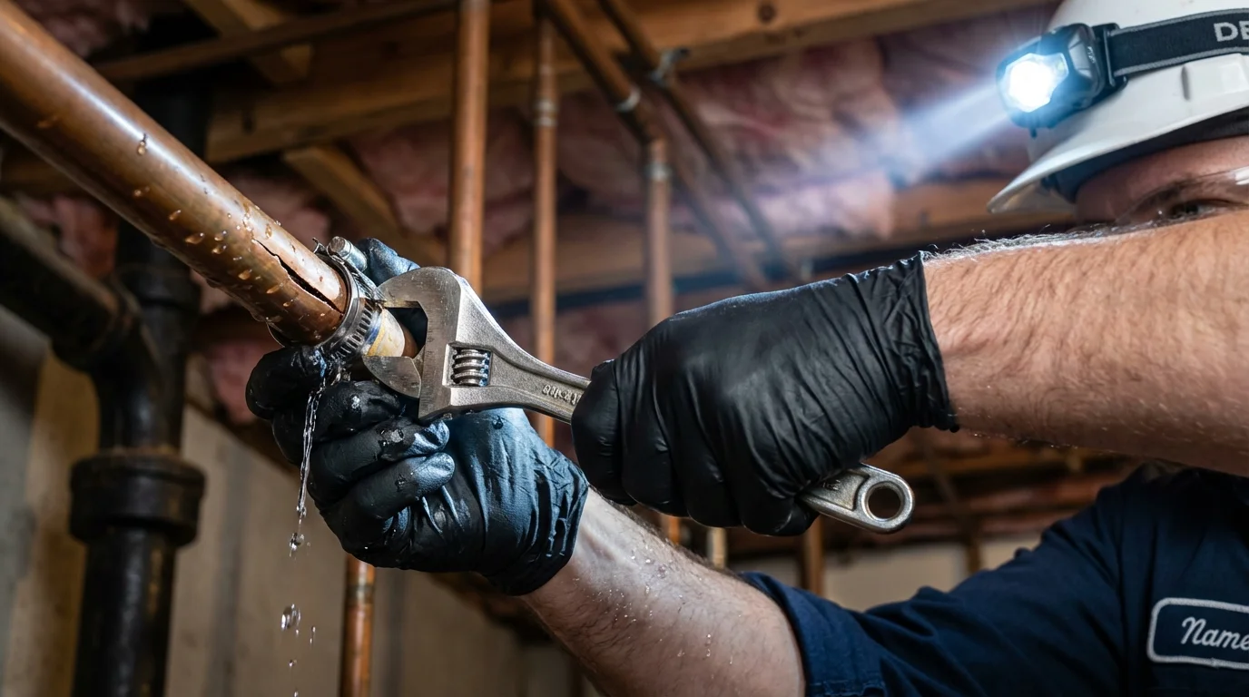 Emergency pipe clamp repair being performed by a Johns Plumbing LLC plumber in La Vernia