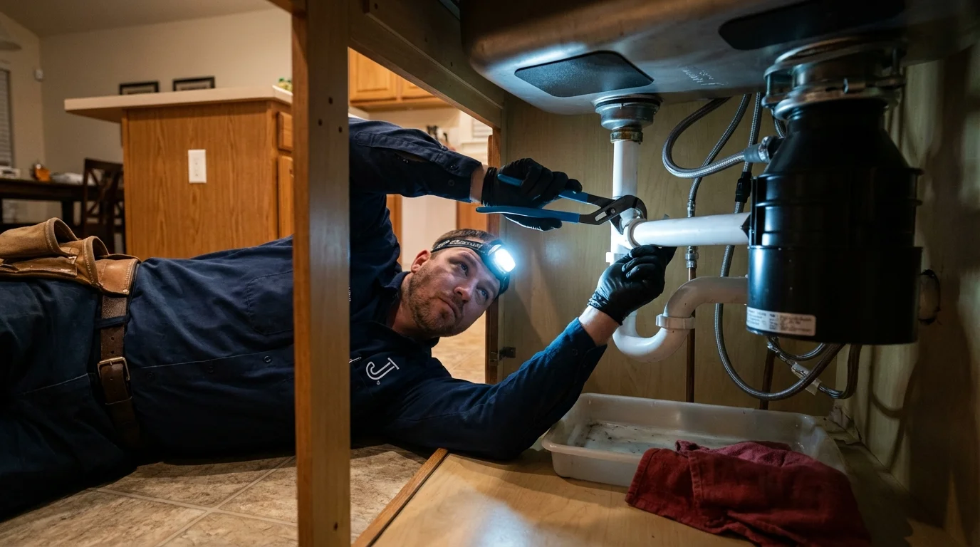 P-trap and supply line connections under a kitchen sink showing a common leak point in La Vernia, TX